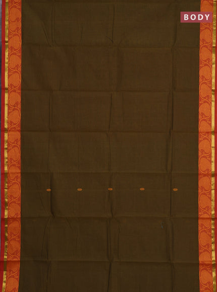 Chettinad cotton saree olive green and red with thread woven buttas and thread woven border