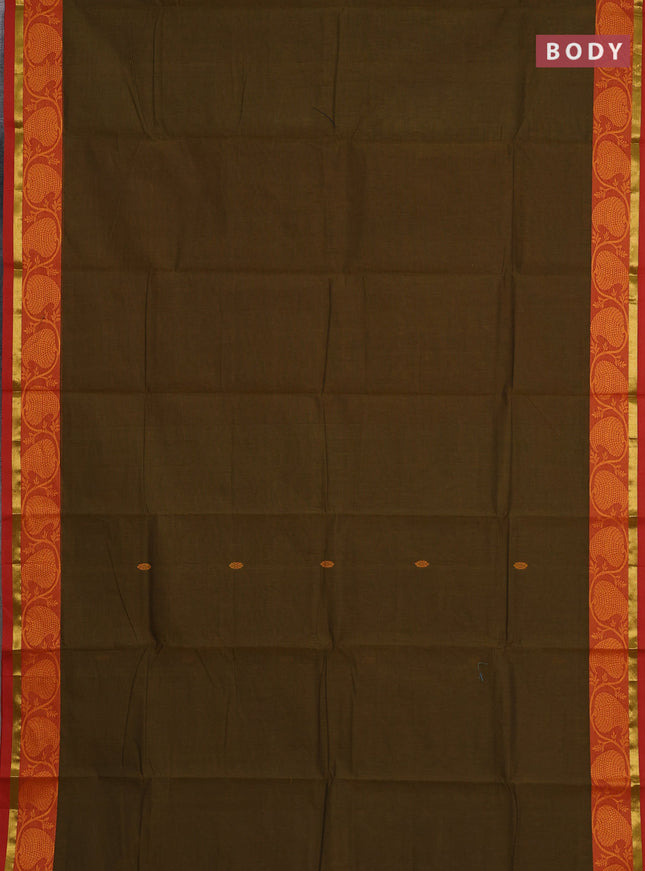 Chettinad cotton saree olive green and red with thread woven buttas and thread woven border