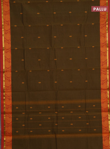 Chettinad cotton saree olive green and red with thread woven buttas and thread woven border