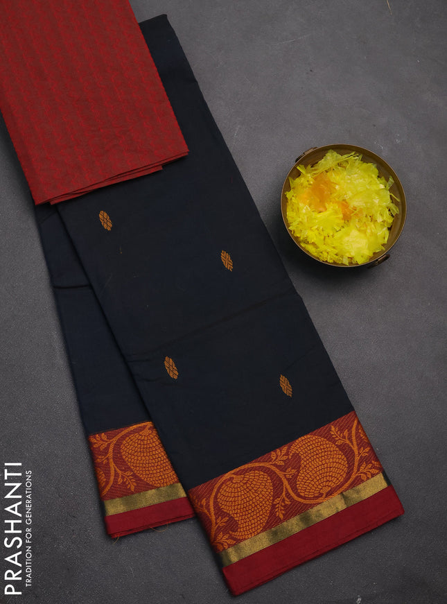 Chettinad cotton saree dark peacock green and maroon with thread woven buttas and thread woven border
