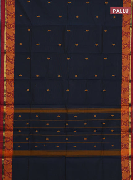 Chettinad cotton saree dark peacock green and maroon with thread woven buttas and thread woven border