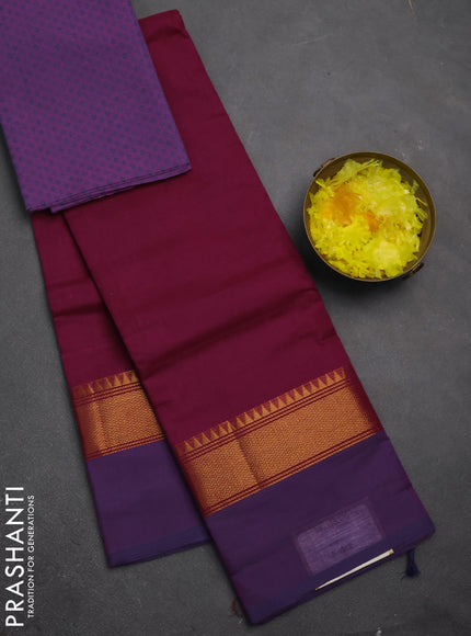 Chettinad cotton saree dark magenta pink and purple with plain body and long zari woven simple border