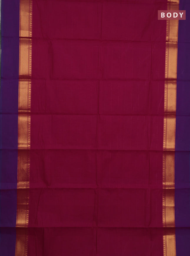 Chettinad cotton saree dark magenta pink and purple with plain body and long zari woven simple border