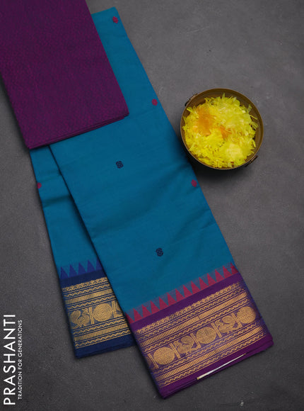 Chettinad cotton saree teal blue and purple with thread woven buttas and zari woven border
