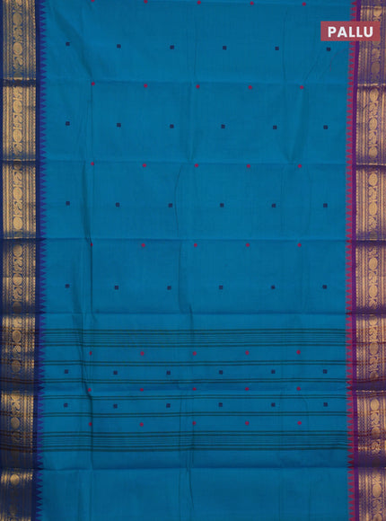 Chettinad cotton saree teal blue and purple with thread woven buttas and zari woven border