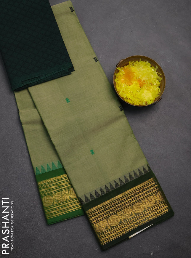 Chettinad cotton saree elaichi green and bottle green with thread woven buttas and zari woven border