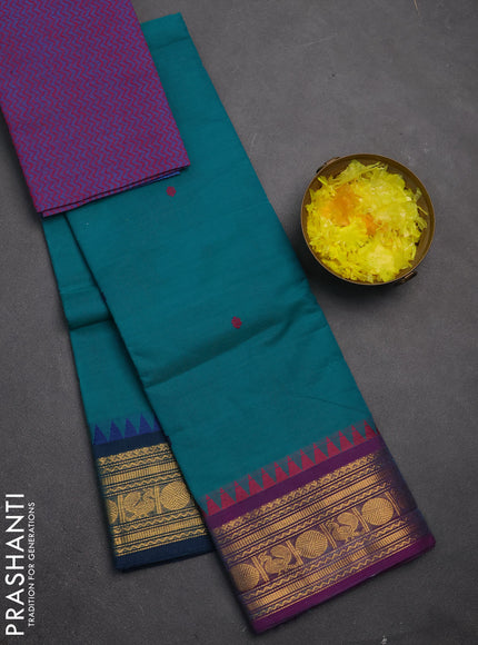 Chettinad cotton saree teal green and purple with thread woven buttas and zari woven border