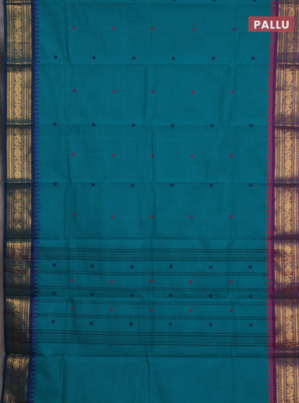 Chettinad cotton saree teal green and purple with thread woven buttas and zari woven border