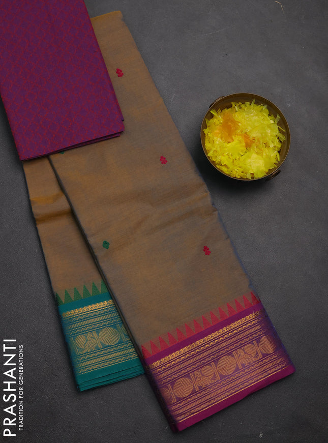 Chettinad cotton saree dual shade of bluish mustard and purple with thread woven buttas and ganga jamuna border