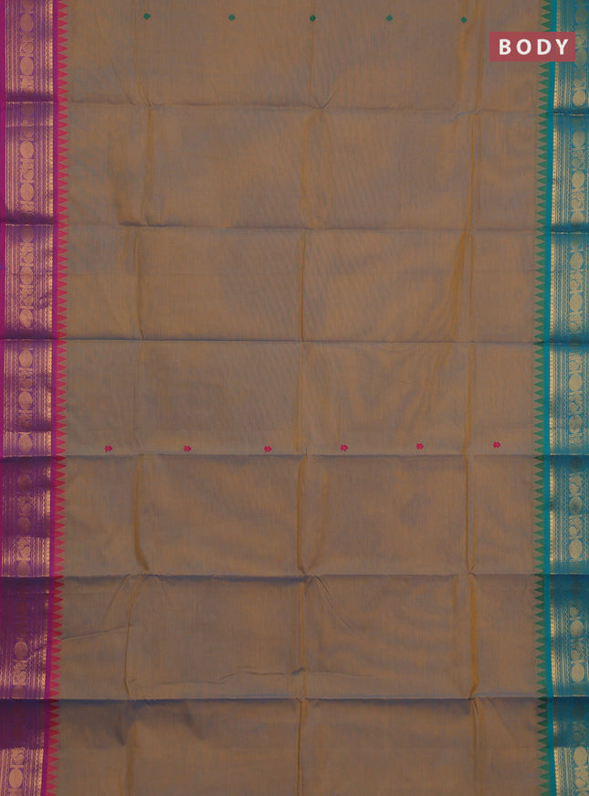 Chettinad cotton saree dual shade of bluish mustard and purple with thread woven buttas and ganga jamuna border
