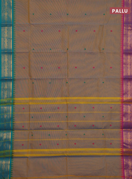 Chettinad cotton saree dual shade of bluish mustard and purple with thread woven buttas and ganga jamuna border