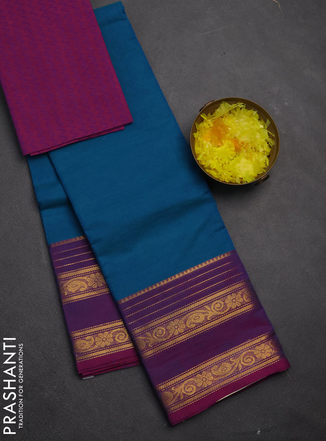 Chettinad cotton saree teal blue and magenta pink with plain body and rettapet zari woven border