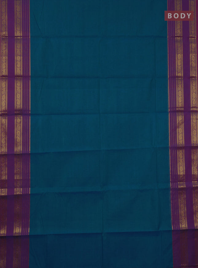 Chettinad cotton saree teal blue and magenta pink with plain body and rettapet zari woven border