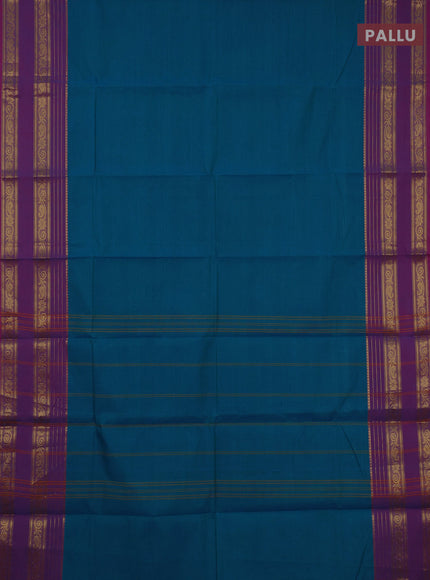Chettinad cotton saree teal blue and magenta pink with plain body and rettapet zari woven border