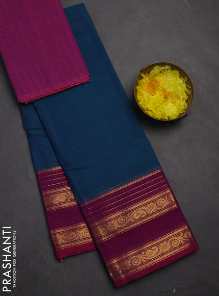 Chettinad cotton saree peacock green and purple with plain body and rettapet zari woven border