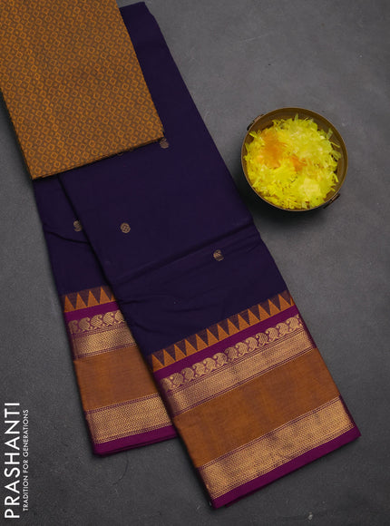 Chettinad cotton saree navy blue and mustard yellow with zari woven buttas and long rettapet zari woven border