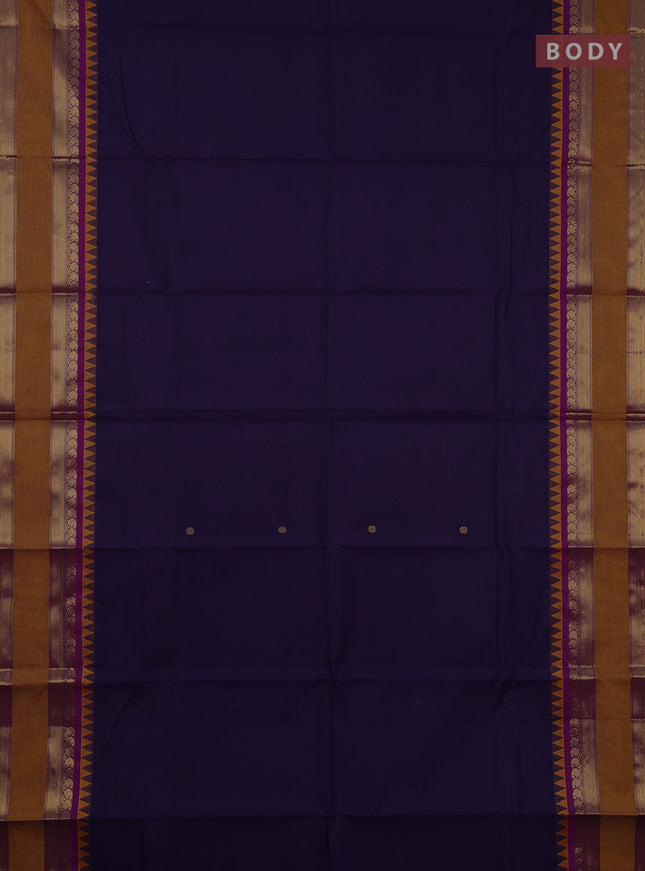 Chettinad cotton saree navy blue and mustard yellow with zari woven buttas and long rettapet zari woven border