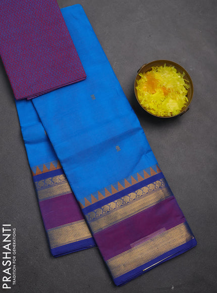 Chettinad cotton saree cs blue and purple with zari woven buttas and long rettapet zari woven border