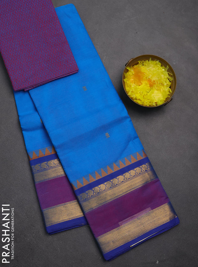 Chettinad cotton saree cs blue and purple with zari woven buttas and long rettapet zari woven border