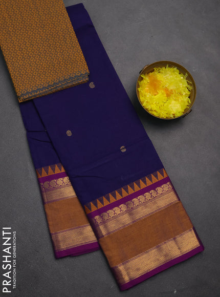 Chettinad cotton saree navy blue and mustard yellow with zari woven buttas and long rettapet zari woven border