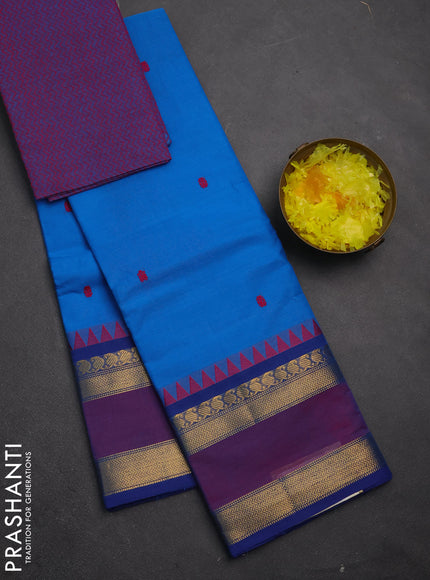 Chettinad cotton saree cs blue and purple with thread woven buttas and long rettapet zari woven border