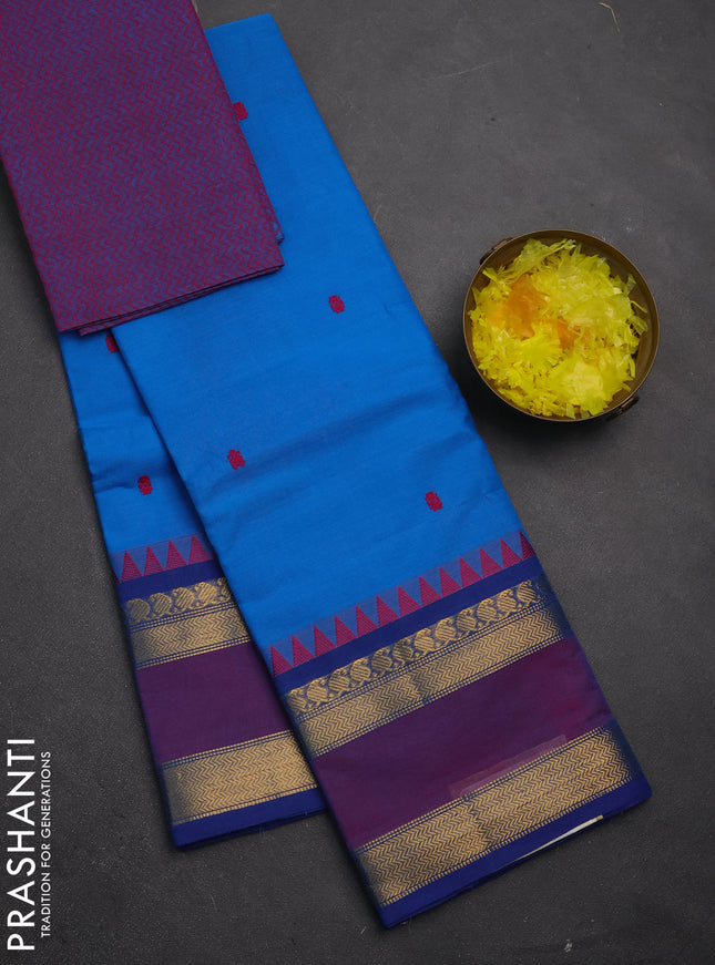 Chettinad cotton saree cs blue and purple with thread woven buttas and long rettapet zari woven border