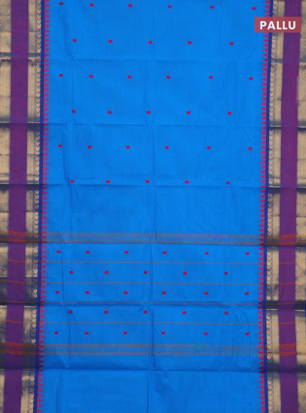 Chettinad cotton saree cs blue and purple with thread woven buttas and long rettapet zari woven border