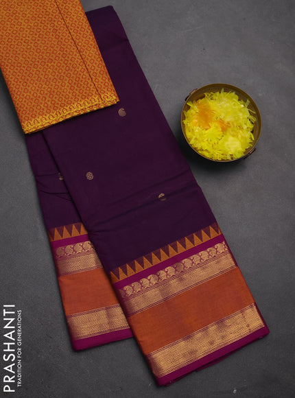 Chettinad cotton saree deep purple and mustard yellow with zari woven buttas and long rettapet zari woven border
