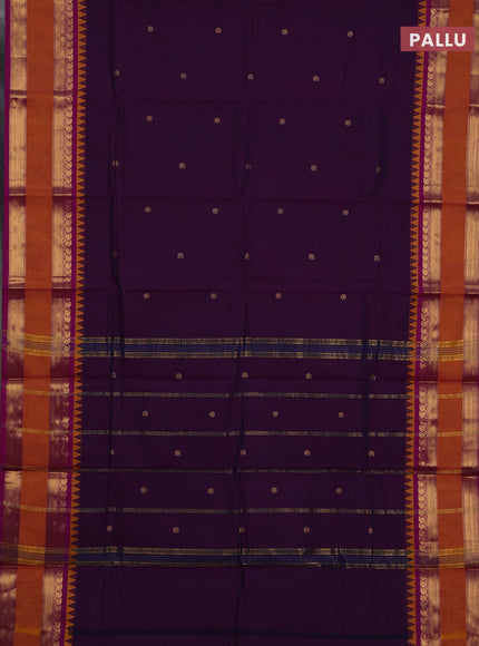 Chettinad cotton saree deep purple and mustard yellow with zari woven buttas and long rettapet zari woven border