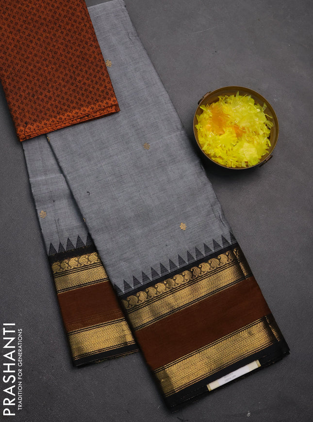 Chettinad cotton saree grey and rust with zari woven buttas and long rettapet zari woven border