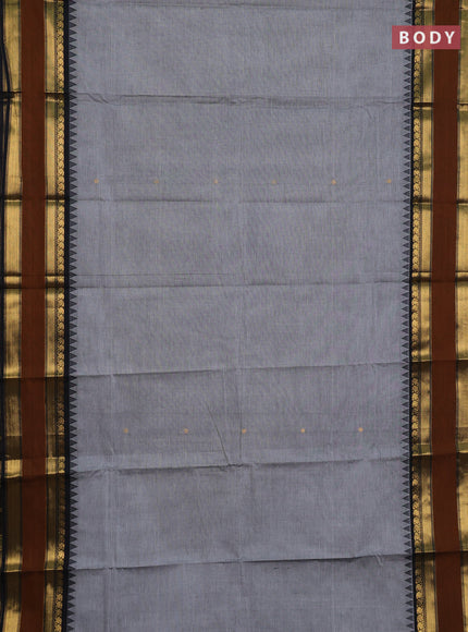Chettinad cotton saree grey and rust with zari woven buttas and long rettapet zari woven border
