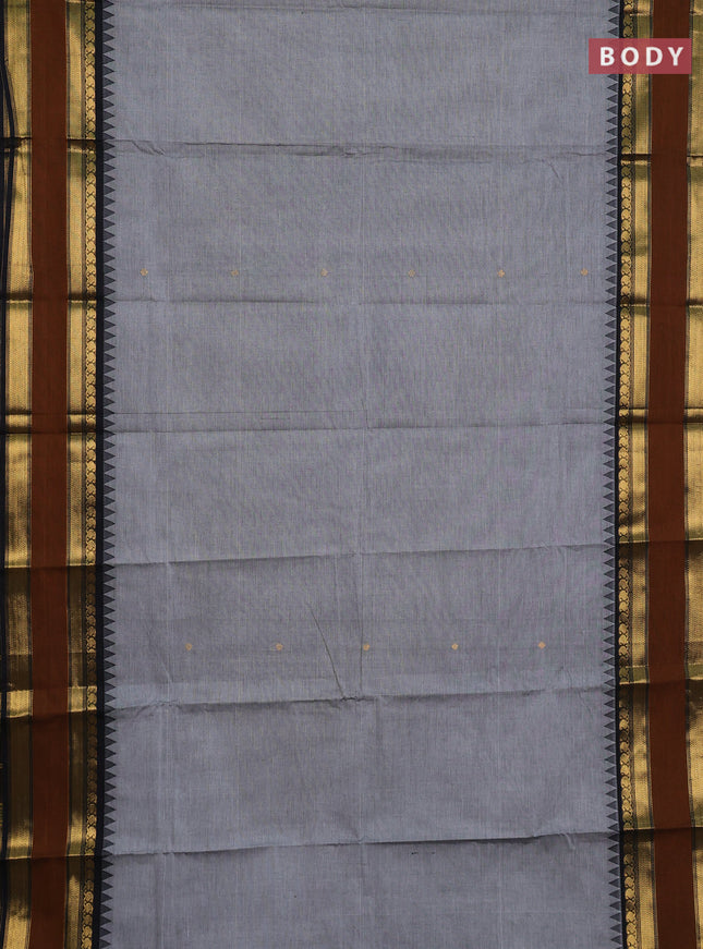 Chettinad cotton saree grey and rust with zari woven buttas and long rettapet zari woven border