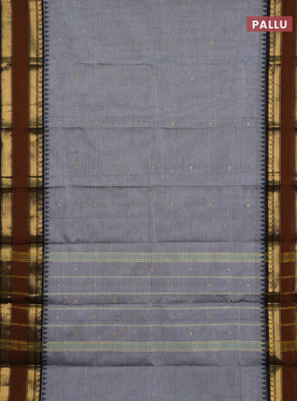 Chettinad cotton saree grey and rust with zari woven buttas and long rettapet zari woven border