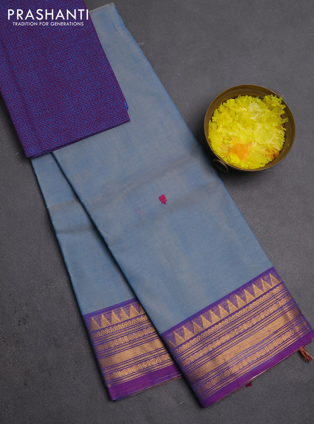 Chettinad cotton saree blue and purple with thread woven buttas and zari woven border