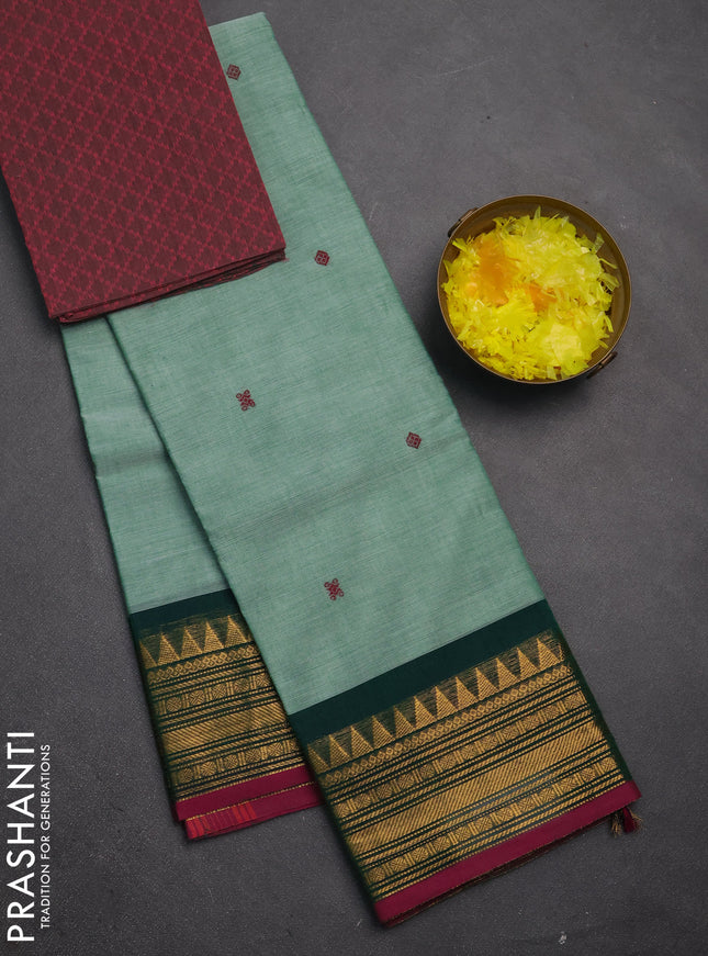 Chettinad cotton saree light green shade and pink shade with thread woven buttas and zari woven border