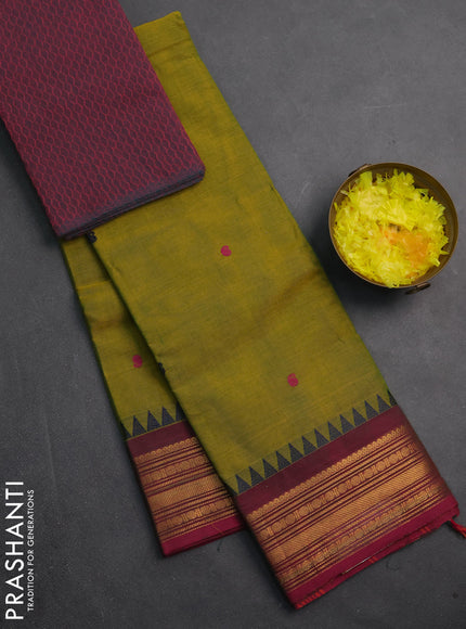 Chettinad cotton saree dual shade of greenish yellow and pink shade with thread woven buttas and zari woven border