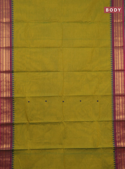 Chettinad cotton saree dual shade of greenish yellow and pink shade with thread woven buttas and zari woven border