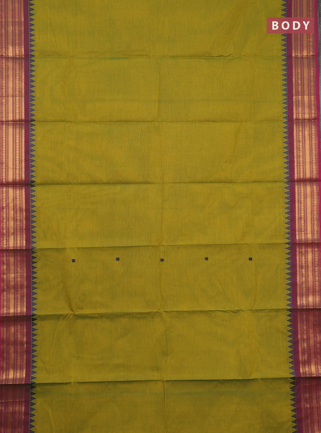 Chettinad cotton saree dual shade of greenish yellow and pink shade with thread woven buttas and zari woven border