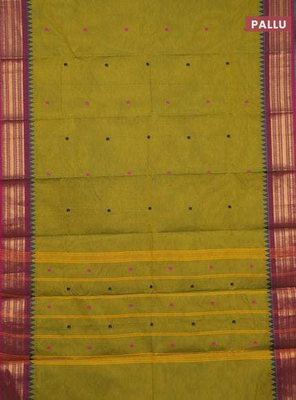 Chettinad cotton saree dual shade of greenish yellow and pink shade with thread woven buttas and zari woven border