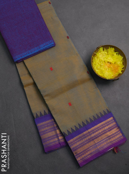 Chettinad cotton saree dual shade of bluish yellow and purple with thread woven buttas and zari woven border