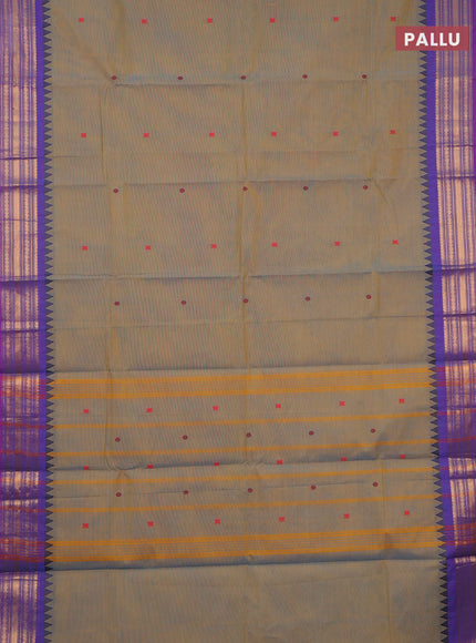 Chettinad cotton saree dual shade of bluish yellow and purple with thread woven buttas and zari woven border