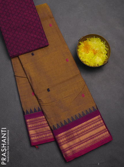 Chettinad cotton saree rust shade and purple with thread woven buttas and zari woven border