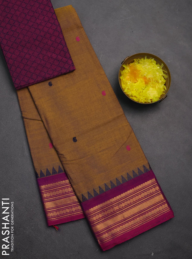 Chettinad cotton saree rust shade and purple with thread woven buttas and zari woven border