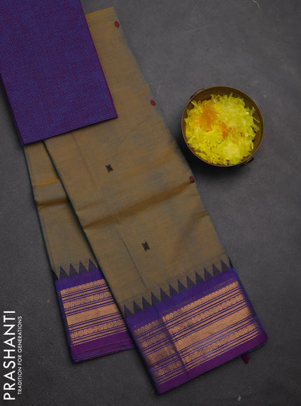 Chettinad cotton saree dual shade of bluish yellow and purple with thread woven buttas and zari woven border
