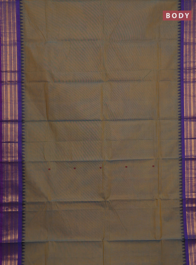 Chettinad cotton saree dual shade of bluish yellow and purple with thread woven buttas and zari woven border