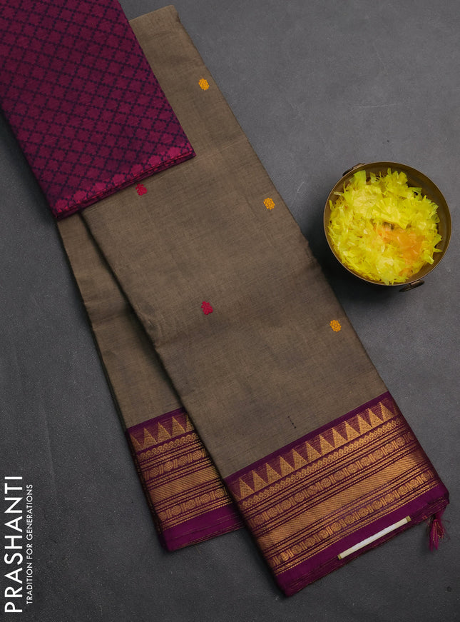 Chettinad cotton saree chiku shade and purple with thread woven buttas and zari woven border