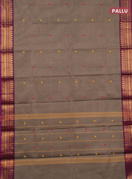 Chettinad cotton saree chiku shade and purple with thread woven buttas and zari woven border