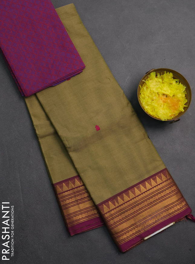 Chettinad cotton saree elaichi green and purple with thread woven buttas and zari woven border