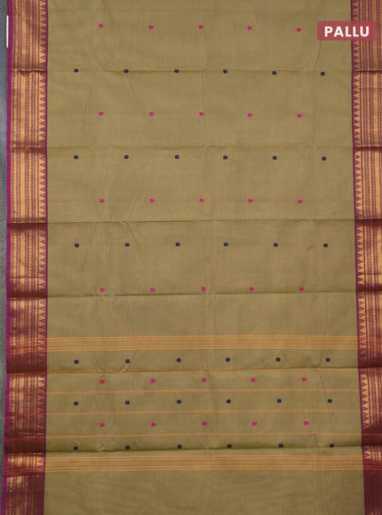 Chettinad cotton saree elaichi green and purple with thread woven buttas and zari woven border