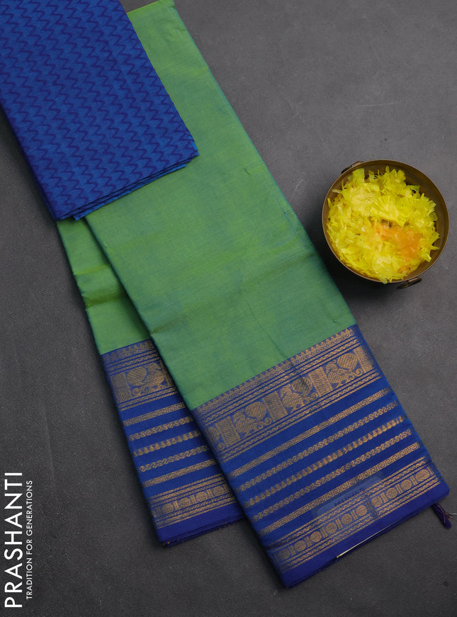 Chettinad cotton saree teal green and blue with plain body and long zari woven border